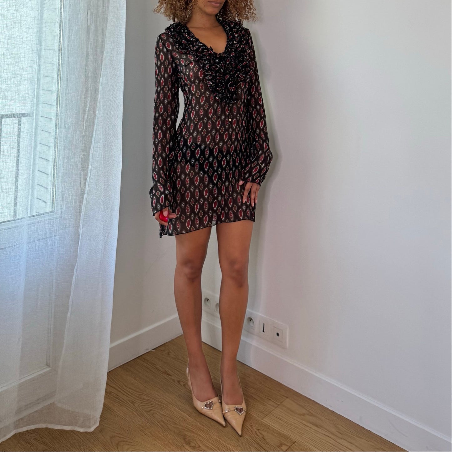 Vintage Black Burgundy Mesh Mini Dress Ruffle Front Italian Y2K (S)