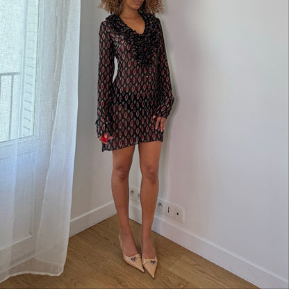 Vintage Black Burgundy Mesh Mini Dress Ruffle Front Italian Y2K (S)