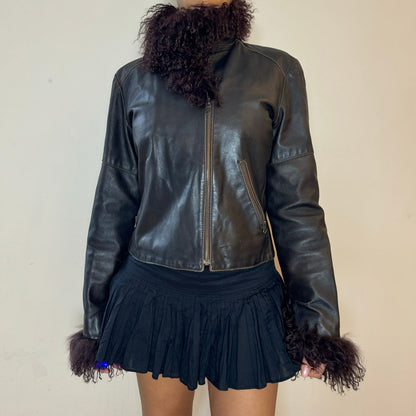 Vintage Y2K Italian leather fur trimmed jacket - Afghan coat style (S)