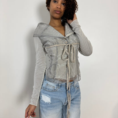 Vintage euro silver grey organza tie front semi sheer long sleeve top with draped collar and button front (S)
