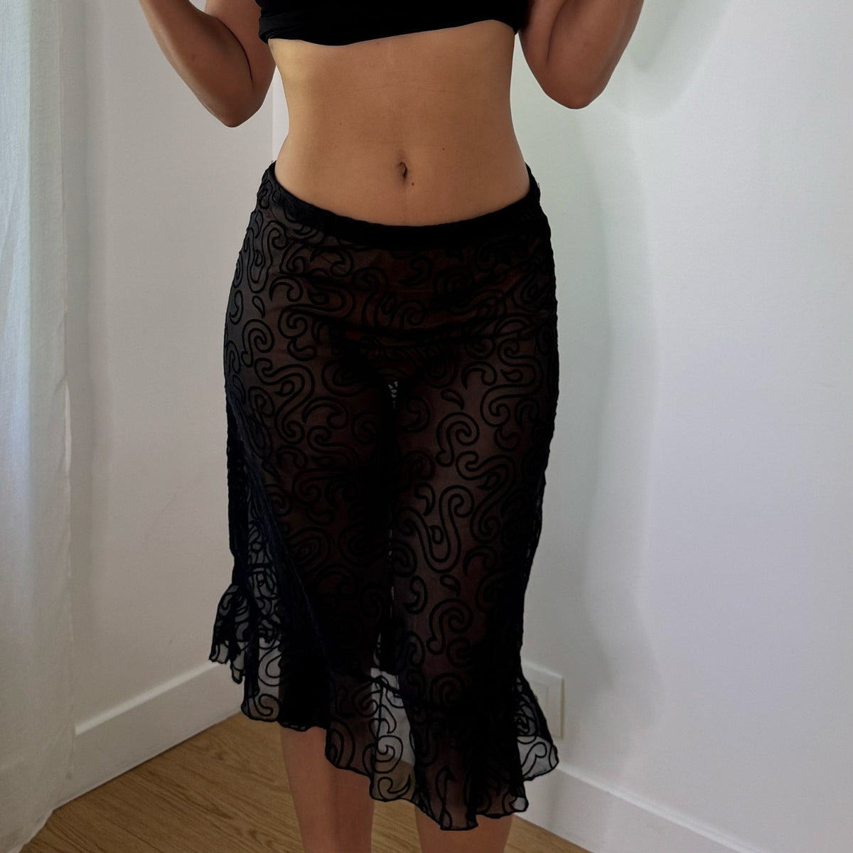 Vintage Black Sheer Velvet Swirl Mesh Midi Skirt (S)