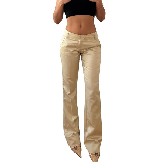 Vintage Beige Satin Finish Bootcut Pants Low Rise Minimal Stretch Italy Y2K (XS)