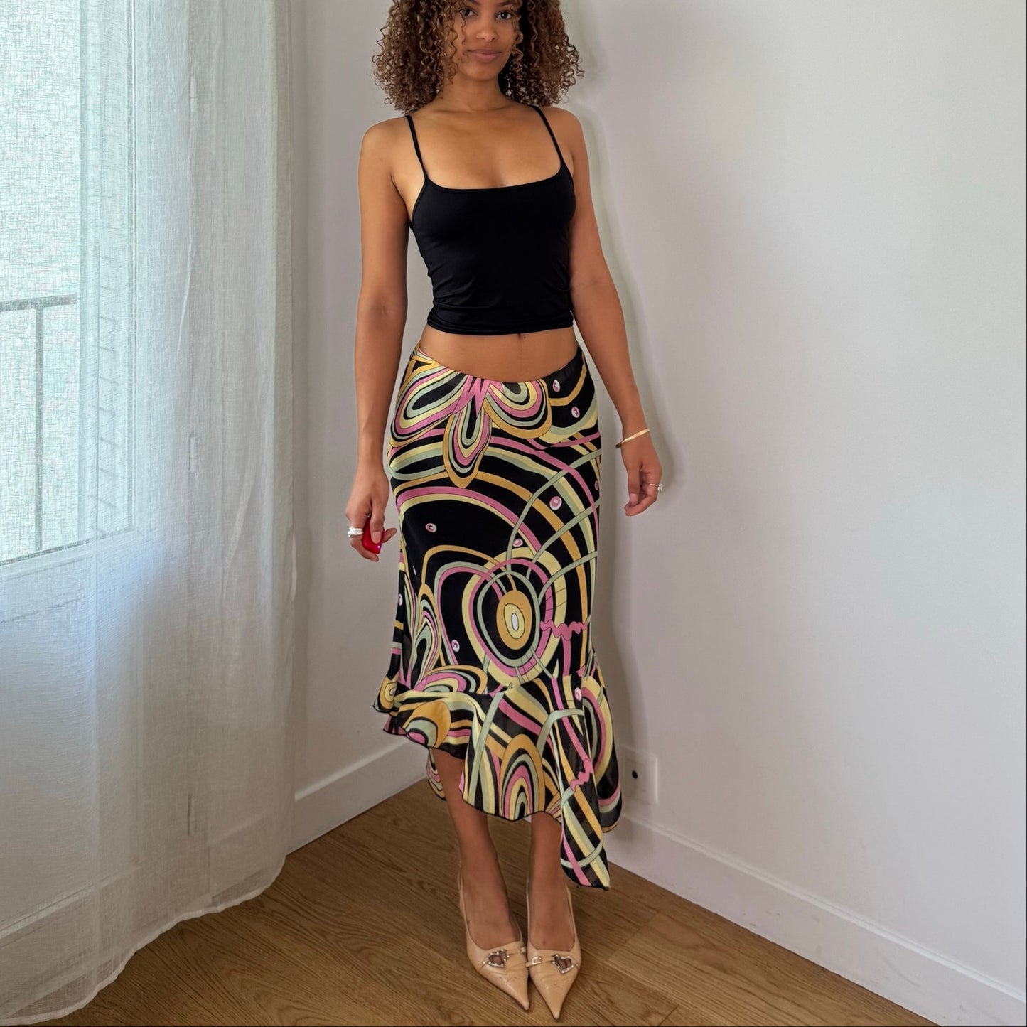 Vintage Black Pink Green Yellow Abstract Mesh Midi Skirt Euro Y2K (M)