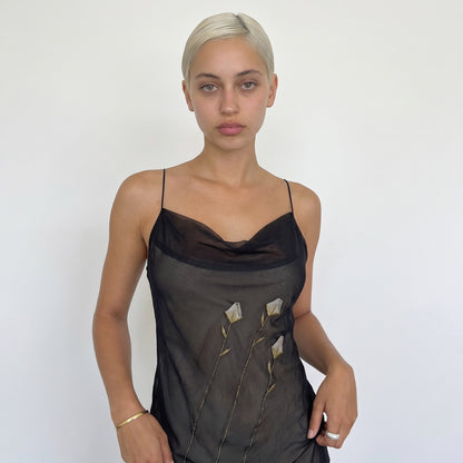 Vintage Italian Black Sheer Floral Embroidered Maxi Dress (S)
