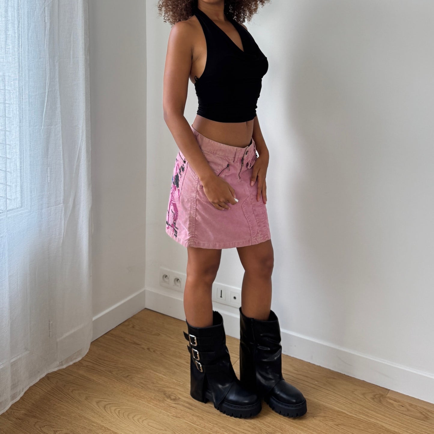 Y2K Pink Corduroy Graphic Mini Skirt (S)