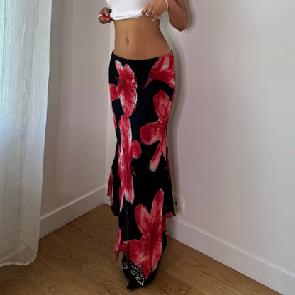 Vintage Black Pink Floral Mesh Maxi Skirt Italian Y2K (S)