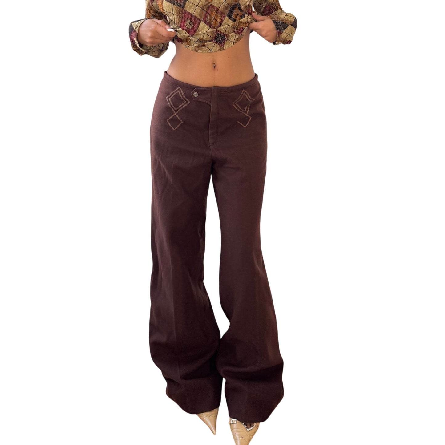 Vintage Italian chocolate brown wide-leg trousers with embroidered front details (S/M)