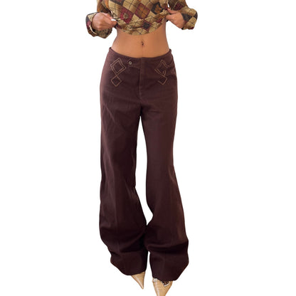 Vintage Italian chocolate brown wide-leg trousers with embroidered front details (S/M)