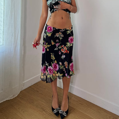 Vintage Black Floral Silk Mesh Midi Skirt Double Layer Italian Y2K (S/M)