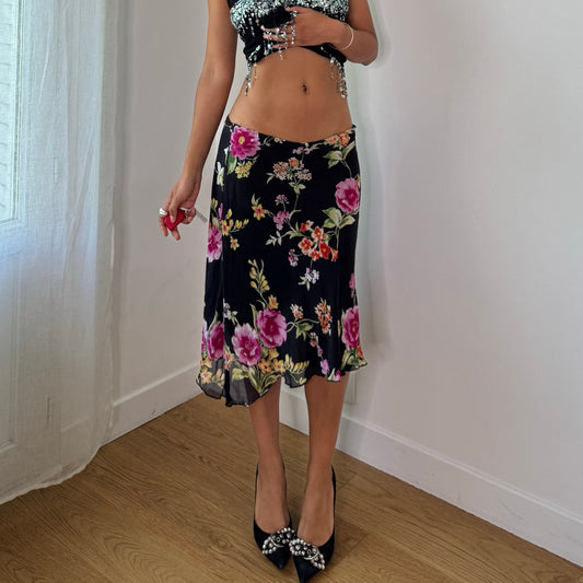 Vintage Black Floral Silk Mesh Midi Skirt Double Layer Italian Y2K (S/M)