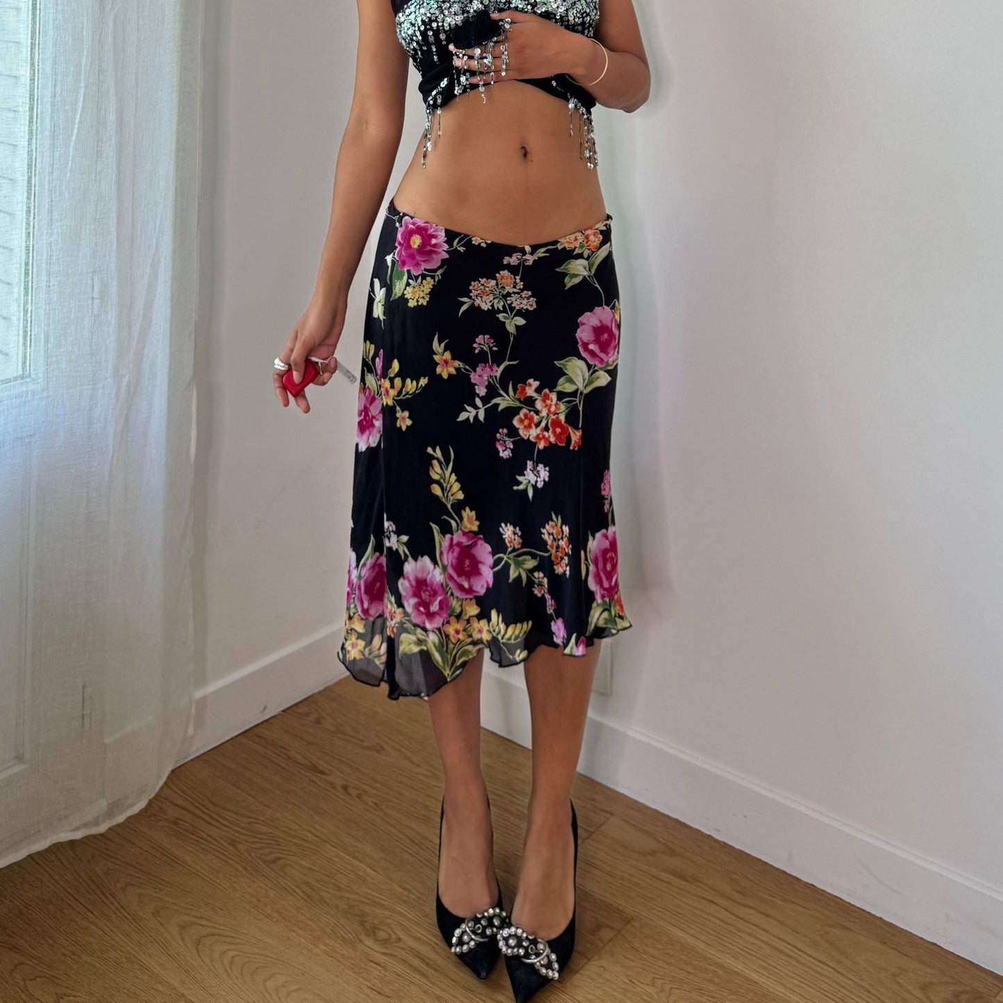 Vintage Black Floral Silk Mesh Midi Skirt Double Layer Italian Y2K (S/M)