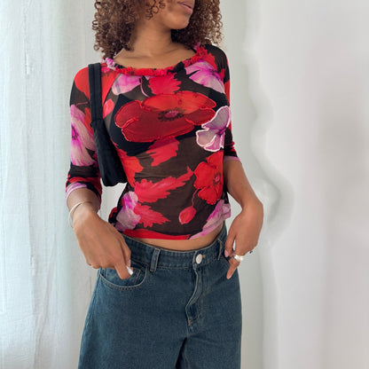 Vintage Italian Floral Mesh Top Deadstock Y2K Sequin Appliqué Top (S) ⠀