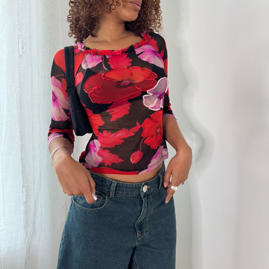 Vintage Italian Floral Mesh Top Deadstock Y2K Sequin Appliqué Top (S) ⠀