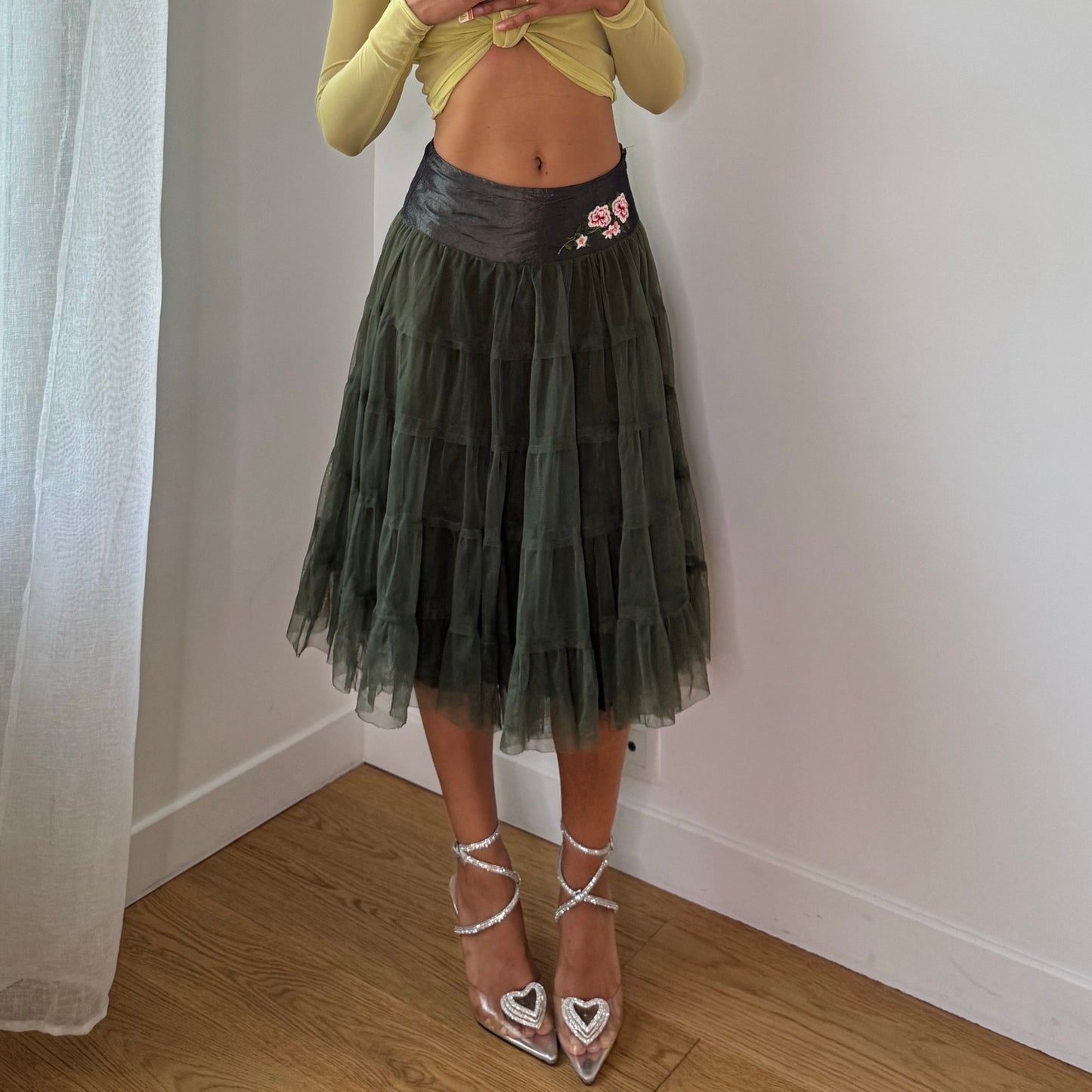 Vintage Italian Olive Green Floral Embroidered Tulle Midi Skirt Y2K (XS/S)