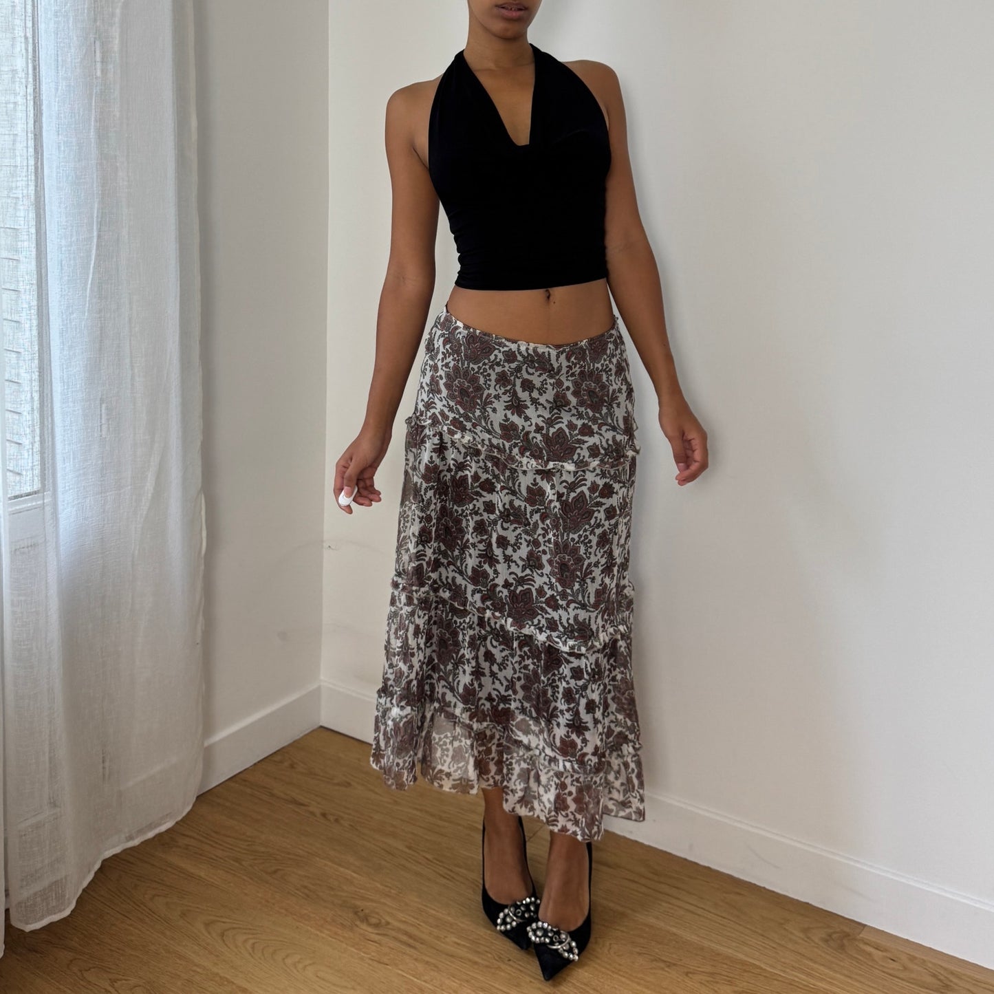 Vintage Italian Floral Sheer-Overlay Ruffle Midi Skirt (Small)