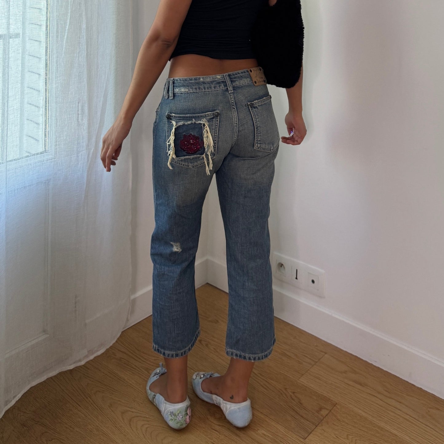 Vintage Blue Distressed Patchwork Capri Jeans Italian Y2K Cotton (S)
