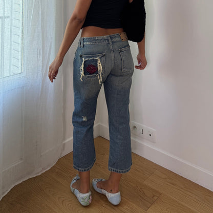 Vintage Blue Distressed Patchwork Capri Jeans Italian Y2K Cotton (S)