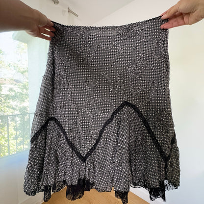 Vintage Black White Printed Mesh Ruffle Midi Skirt