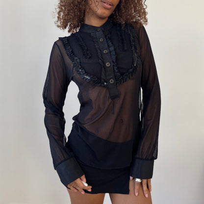 Vintage Italian sheer mesh ruffle blouse with black sequins (M/L)