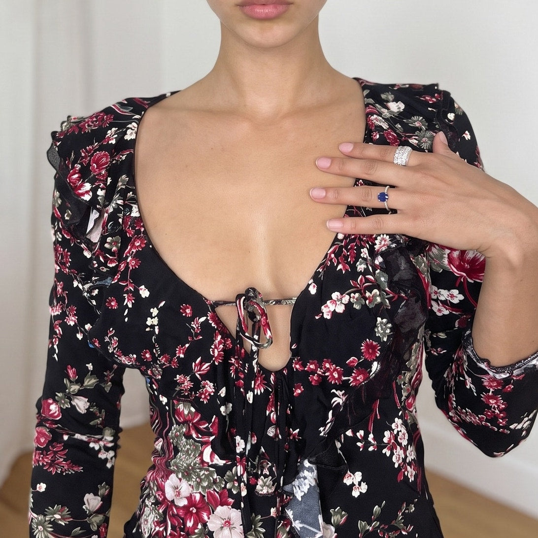 Vintage Black Floral Slinky Mini Dress (S)
