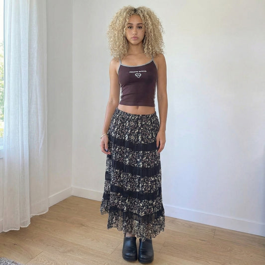 Vintage Black Pink Floral Mesh Tiered Maxi Skirt Euro Y2K (XS/S)