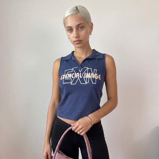 Vintage Blue Graphic Sleeveless Polo Top (S)
