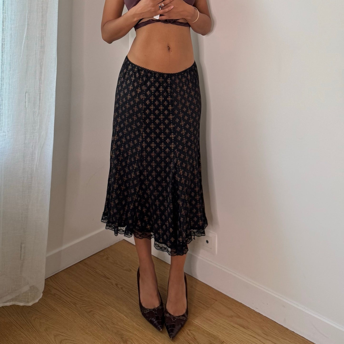 Vintage Black Brown Lace Trim Midi Skirt Euro Y2K (S/M)