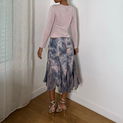 Italian vintage Y2K pink and blue two-piece set with slinky long sleeve top and embroidered silk mesh midi skirt