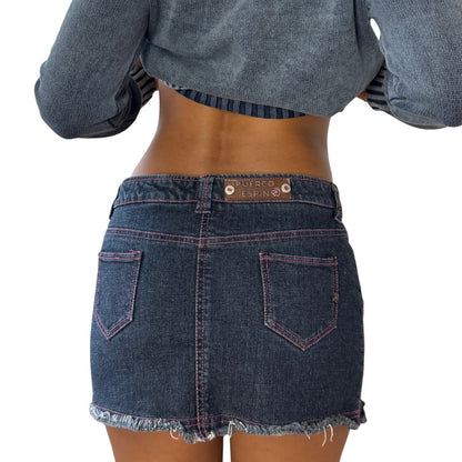 Vintage Italian Denim Mini Skirt Contrast Stitch Raw Hem Cotton (XS/S)
