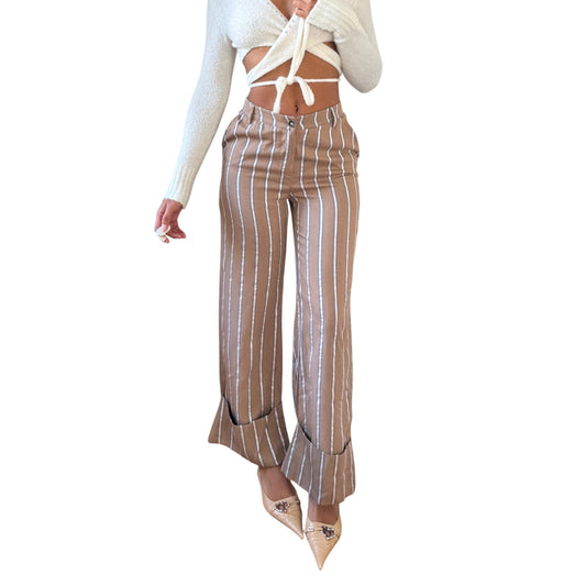 Vintage Italian tan striped high-waisted trousers with shimmer detail (XS)