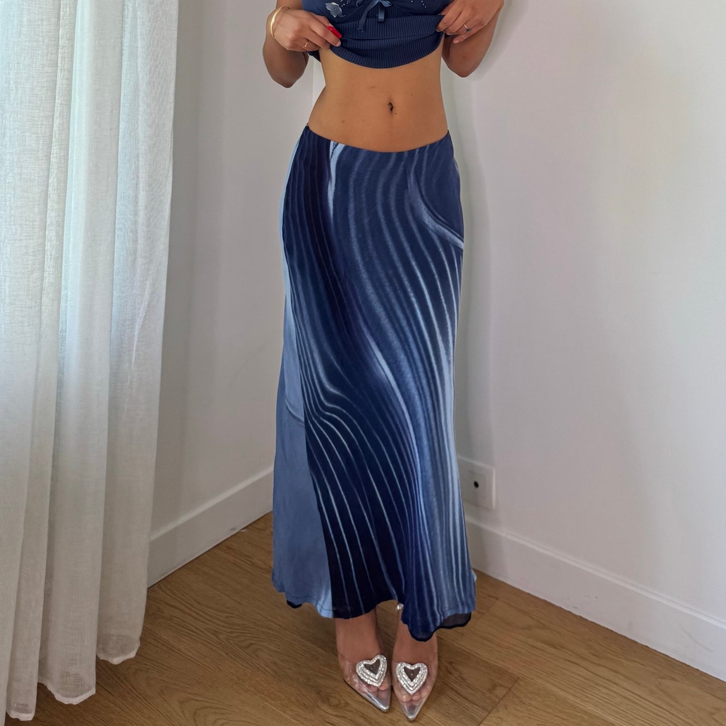 Vintage Blue Abstract Mesh Maxi Skirt Double Layer Viscose Italian Y2K (S)