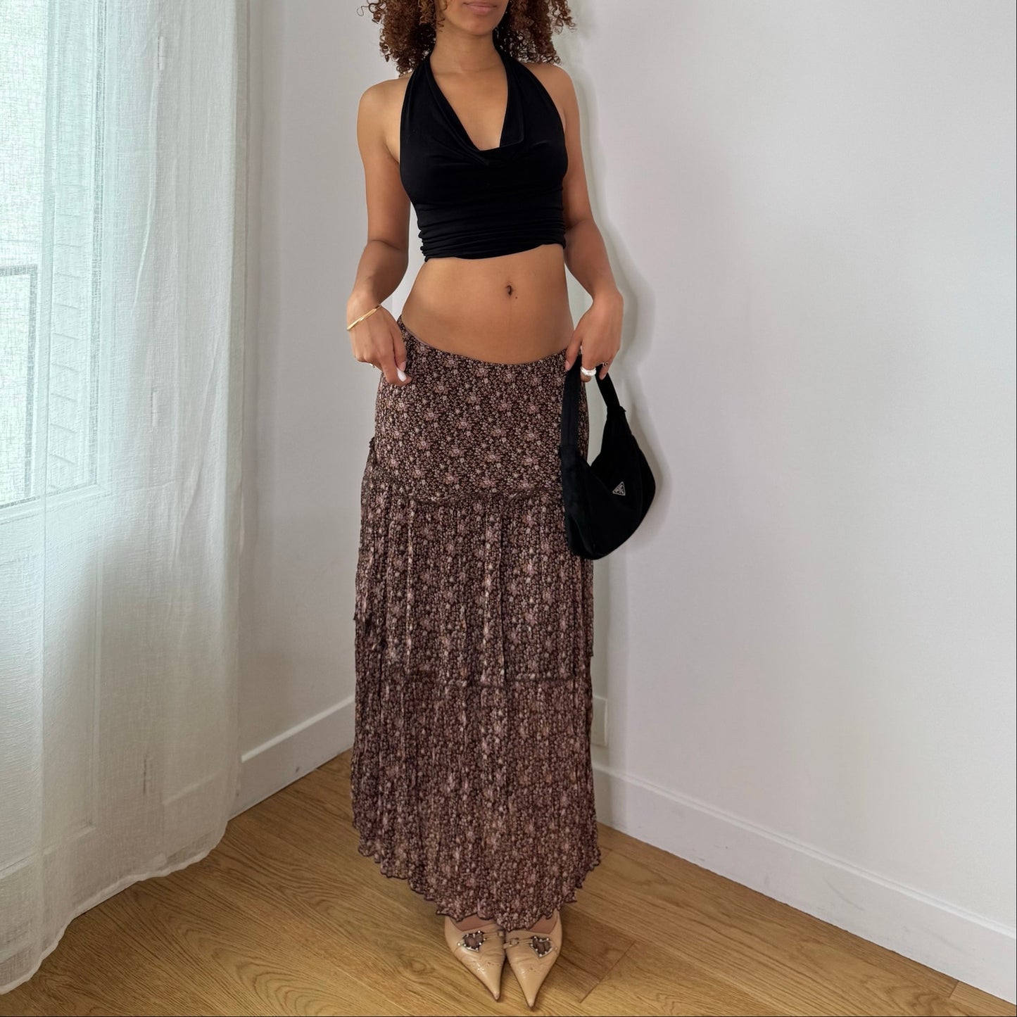 Vintage Brown Pink Floral Pleated Mesh Maxi Skirt Italian Y2K (M)