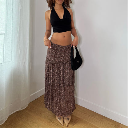 Vintage Brown Pink Floral Pleated Mesh Maxi Skirt Italian Y2K (M)