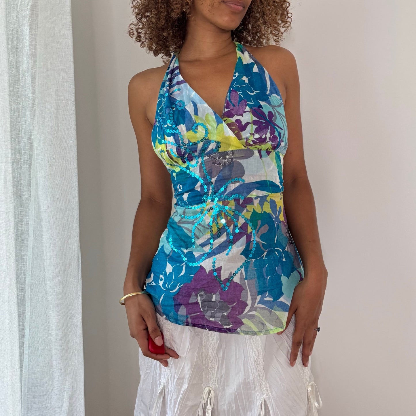 Vintage Blue Floral Sequin Halter Top Open Back Tie Waist Italian Y2K (S)