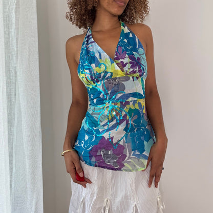Vintage Blue Floral Sequin Halter Top Open Back Tie Waist Italian Y2K (S)