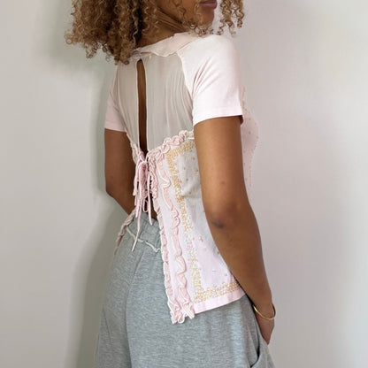 Vintage Pink Beaded Ruffle Knit Top Open Back Mesh Coquette Y2K (S/M)
