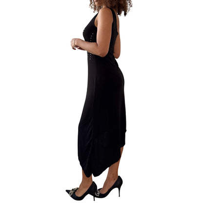 Vintage Italian Black Asymmetrical Mesh Dress Rhinestone Detail Midi (S/M)