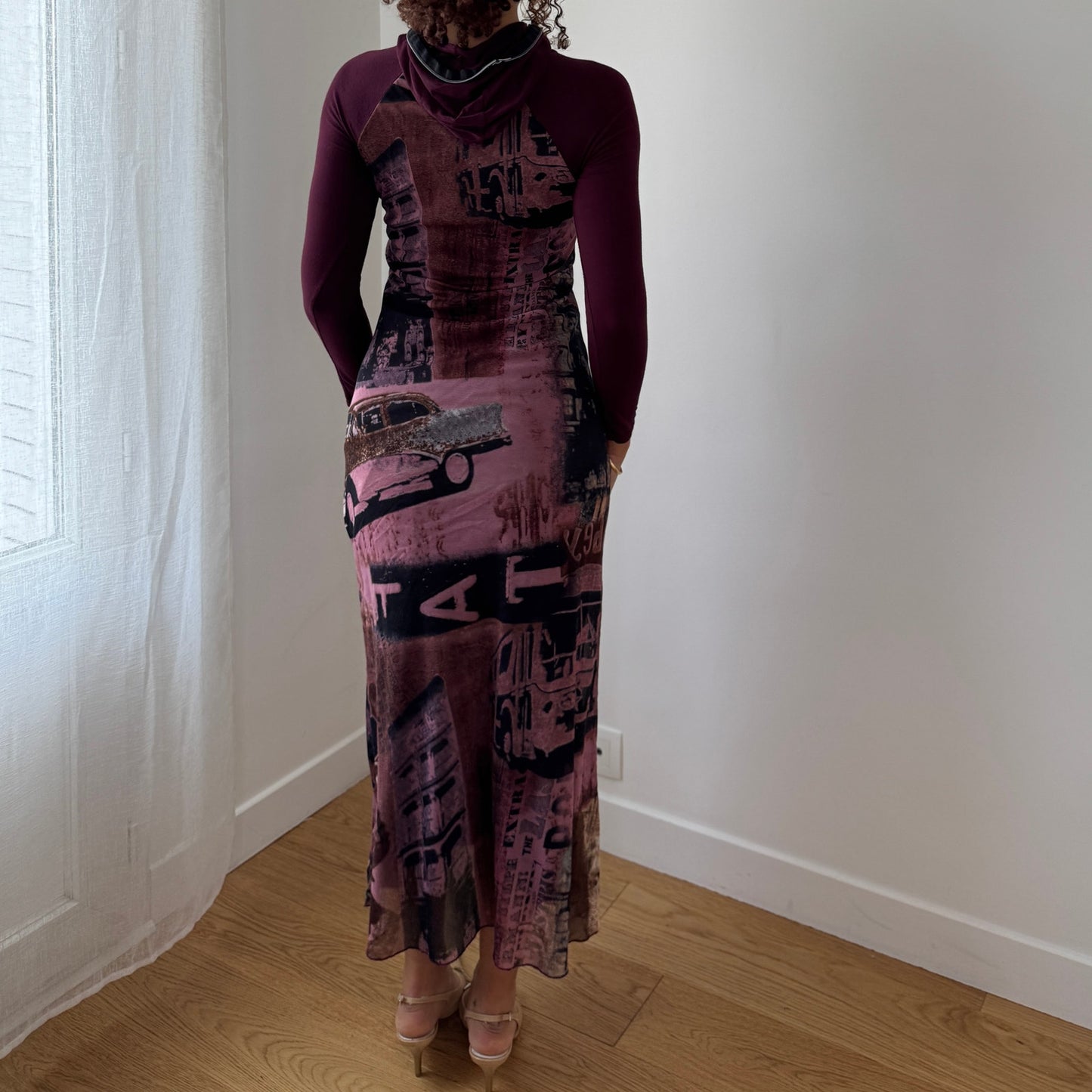 Vintage Burgundy Graphic Mesh Midi Dress (S)