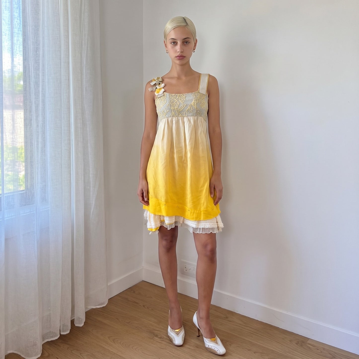 Vintage Yellow Ombre Embroidered Mini Dress Lace Trim Euro Y2K (S)