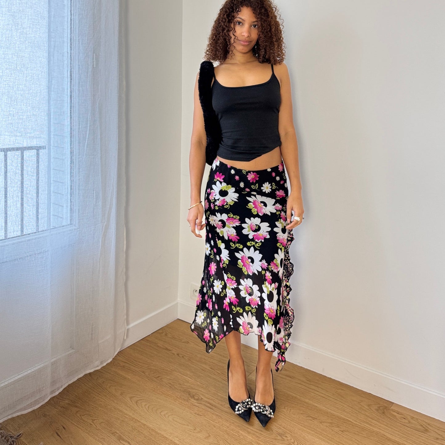 Vintage Italian Black Daisy Floral Mesh Midi Skirt Asymmetrical Ruffle Trim (S)