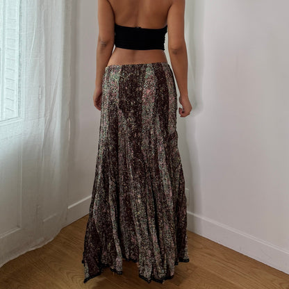 Vintage Brown Pink Floral Mesh Maxi Skirt Lace Trim Italian Y2K (S)