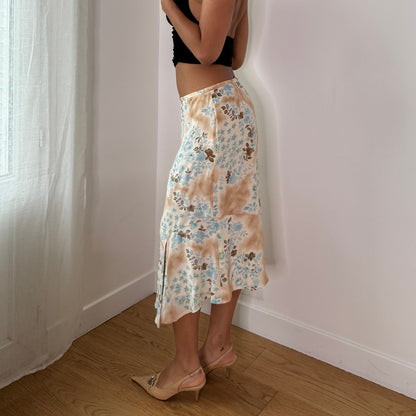 Vintage Beige Blue Floral Silk Mesh Midi Skirt Gerard Darel Bias Cut Skirt (S) ⠀