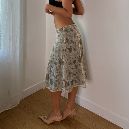 Vintage Cream Sage Green Floral Pleated Mesh Midi Skirt Euro Y2K (S)