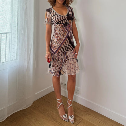 Vintage Brown Abstract Mesh Midi Dress Smocked Tie Front Ruffle Hem Italian Y2K (S/M)