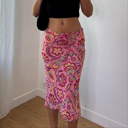 Vintage Pink Psychedelic Paisley Slinky Midi Skirt Side Slit Y2K Skirt (S)