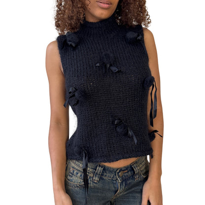 Vintage Italian black slouchy knit sleeveless top with bow appliqués (S)