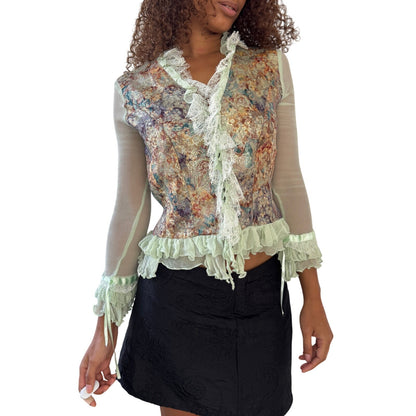 Vintage French designer mint mesh & brocade ruffle blouse (S/M)