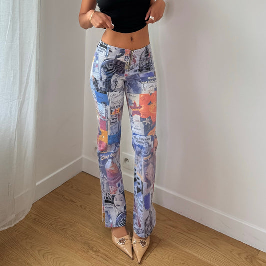 Vintage Blue Red Graphic Print Pants French Y2K Newspaper Collage (XS/S)