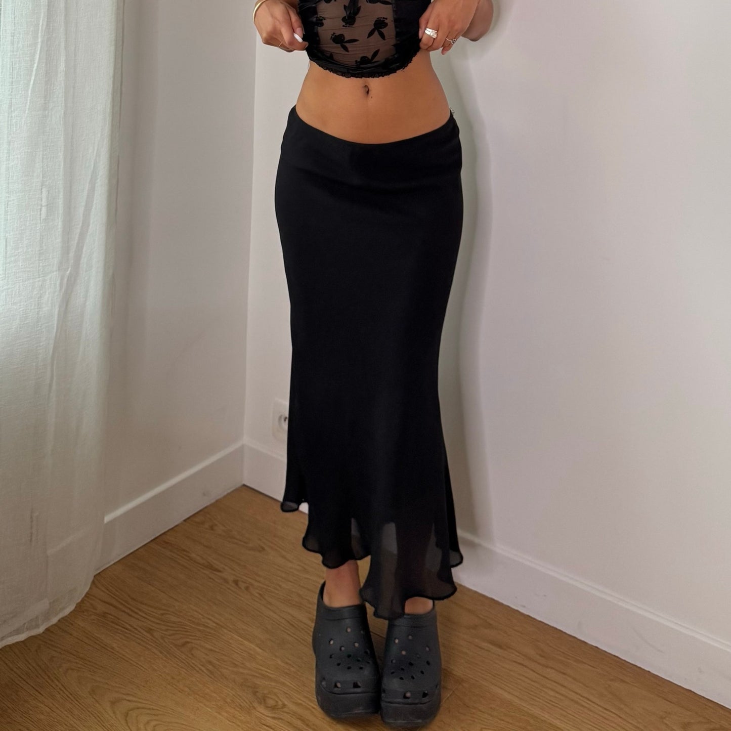 Vintage Black Mesh Midi Skirt Double Lined Italy Y2K (M)