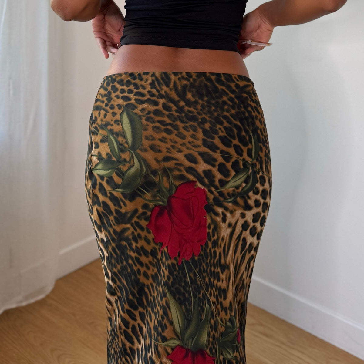 Italian Vintage Leopard Floral Mesh Maxi Skirt